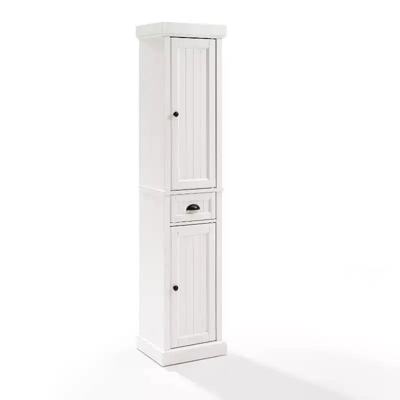 Armadietto Alto in Lino Bianco – Mobiletto Indipendente in MDF con 2 Ante, 1 Cassetto e 6 Ripiani
