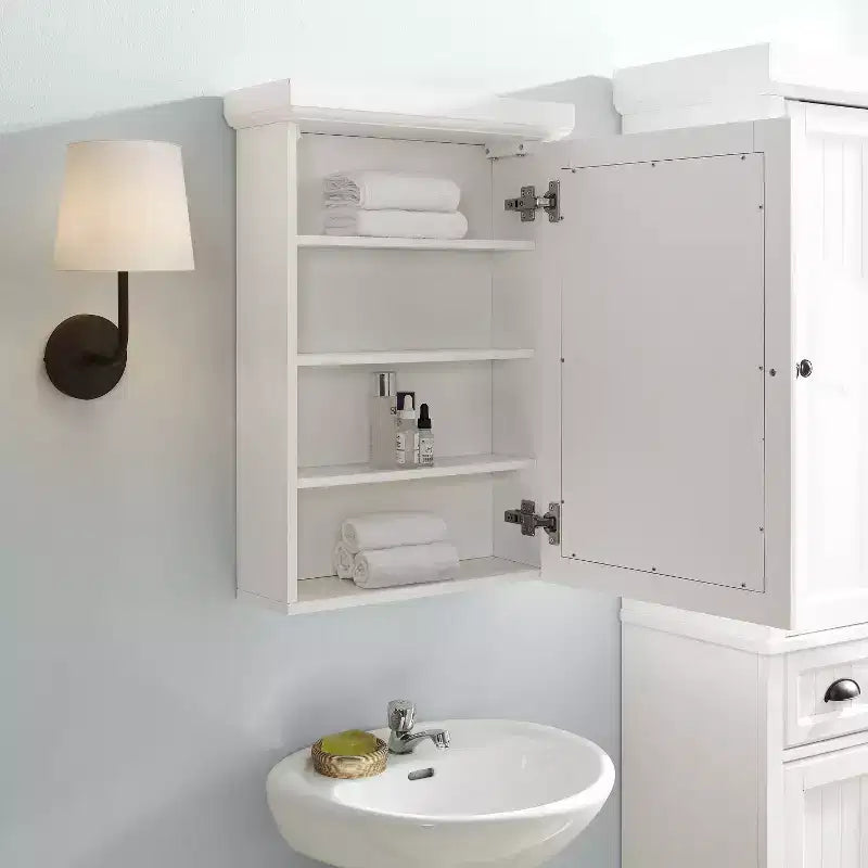 Armadietto Alto in Lino Bianco – Mobiletto Indipendente in MDF con 2 Ante, 1 Cassetto e 6 Ripiani