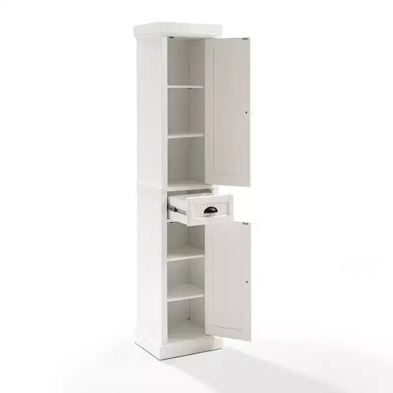 Armadietto Alto in Lino Bianco – Mobiletto Indipendente in MDF con 2 Ante, 1 Cassetto e 6 Ripiani