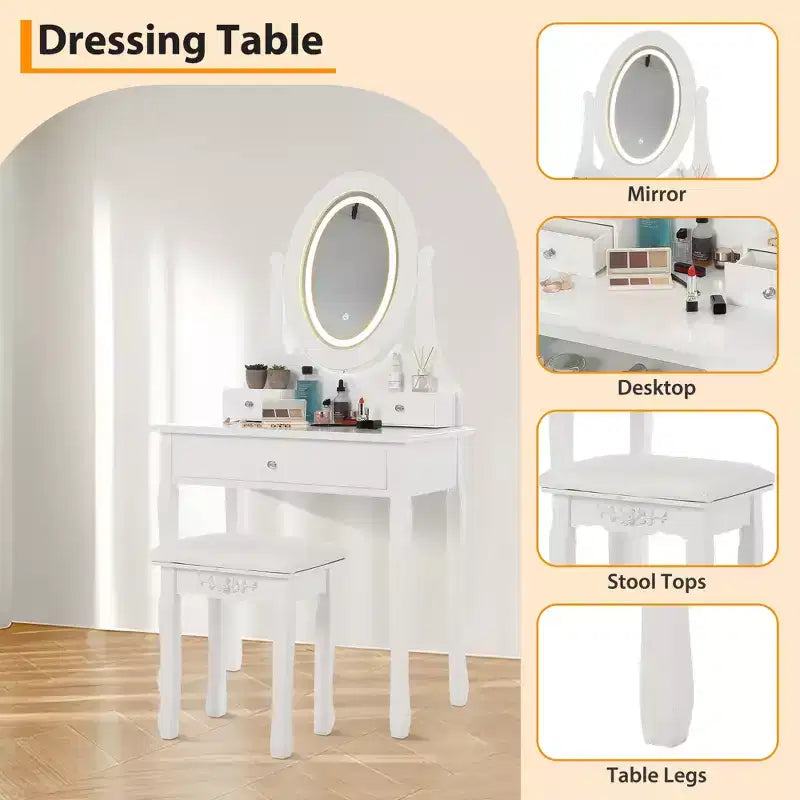 Toeletta con luci, tavolo da trucco in legno con specchio ovale e sgabello, toeletta moderna da camera da letto con 5 grandi cassetti per ragazze