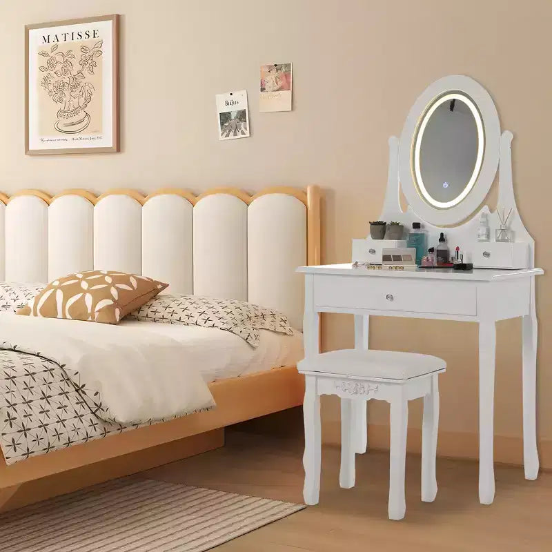 Toeletta con luci, tavolo da trucco in legno con specchio ovale e sgabello, toeletta moderna da camera da letto con 5 grandi cassetti per ragazze