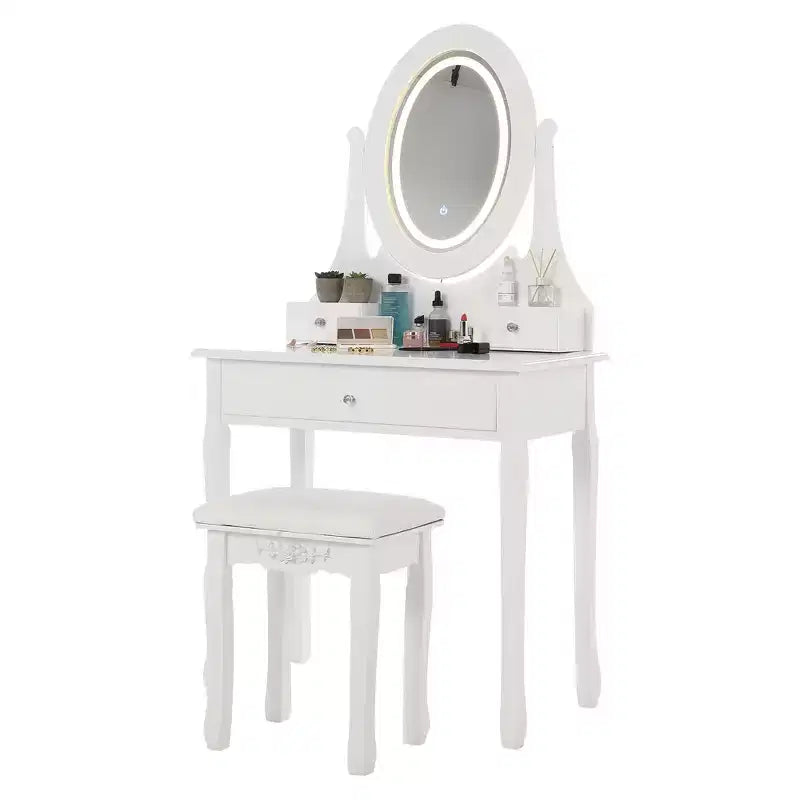 Toeletta con luci, tavolo da trucco in legno con specchio ovale e sgabello, toeletta moderna da camera da letto con 5 grandi cassetti per ragazze