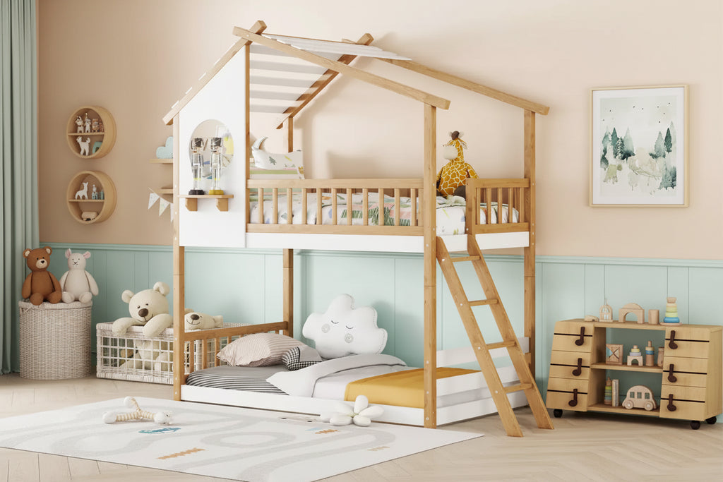 Wood Twin Over Twin Bunk Bed, House Bed with Roof and Window, Montessori Floor Bunk Bed Frame, Natural