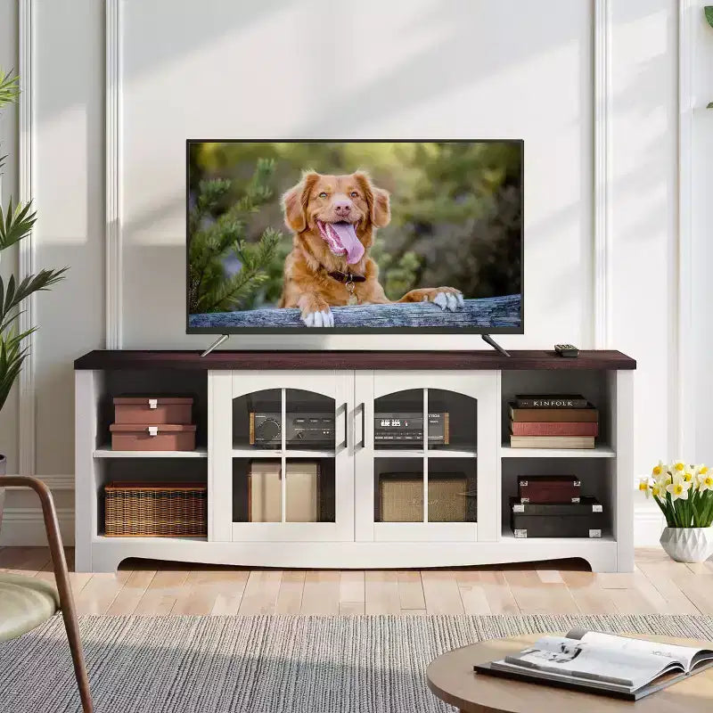EROMMY 58 Wood TV Stand With Glass Doors & Adjustable Shelves