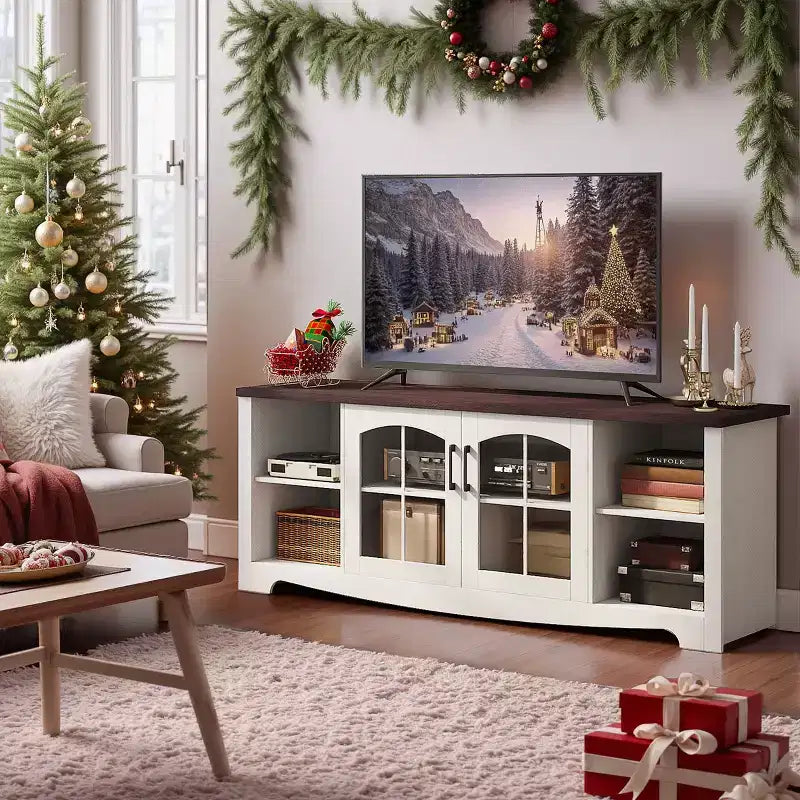 Mobile TV in legno da 58" con ante in vetro e ripiani regolabili – Consolle multimediale per soggiorno