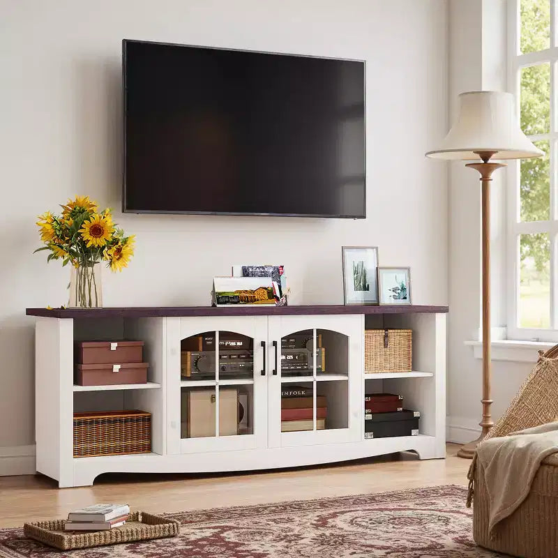 Mobile TV in legno da 58" con ante in vetro e ripiani regolabili – Consolle multimediale per soggiorno