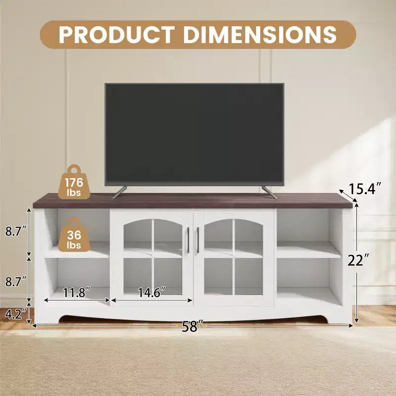 Mobile TV in legno da 58" con ante in vetro e ripiani regolabili – Consolle multimediale per soggiorno