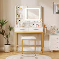 Makeup Vanity Desk with Mirror and Lights, 4 Drawers, 2 Storage Shelves, Built-in Charging Station, White and Gold Vanity Table with LED Light