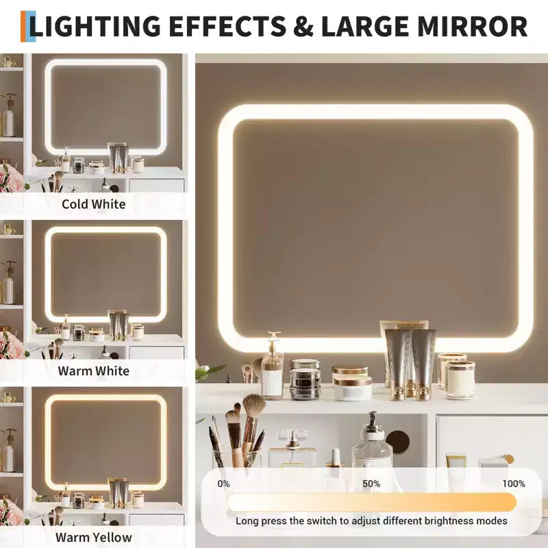 Toeletta Trucco con Specchio e Luci, 4 Cassetti, 2 Ripiani Portaoggetti, Stazione di Ricarica Integrata, Tavolo da Trucco Bianco e Oro con Luce LED