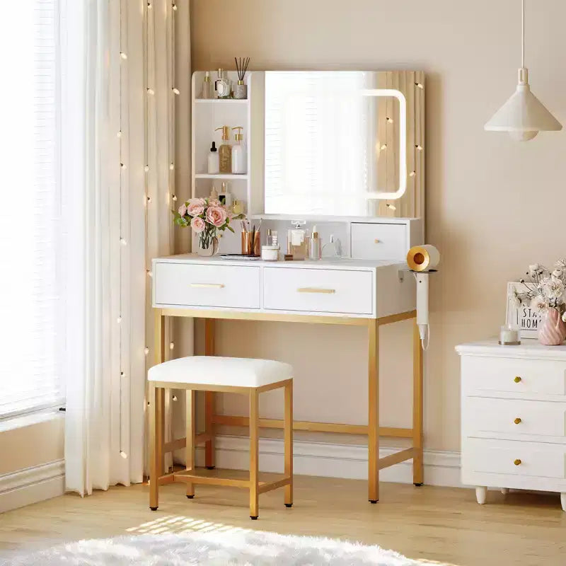 Toeletta Trucco con Specchio e Luci, 4 Cassetti, 2 Ripiani Portaoggetti, Stazione di Ricarica Integrata, Tavolo da Trucco Bianco e Oro con Luce LED