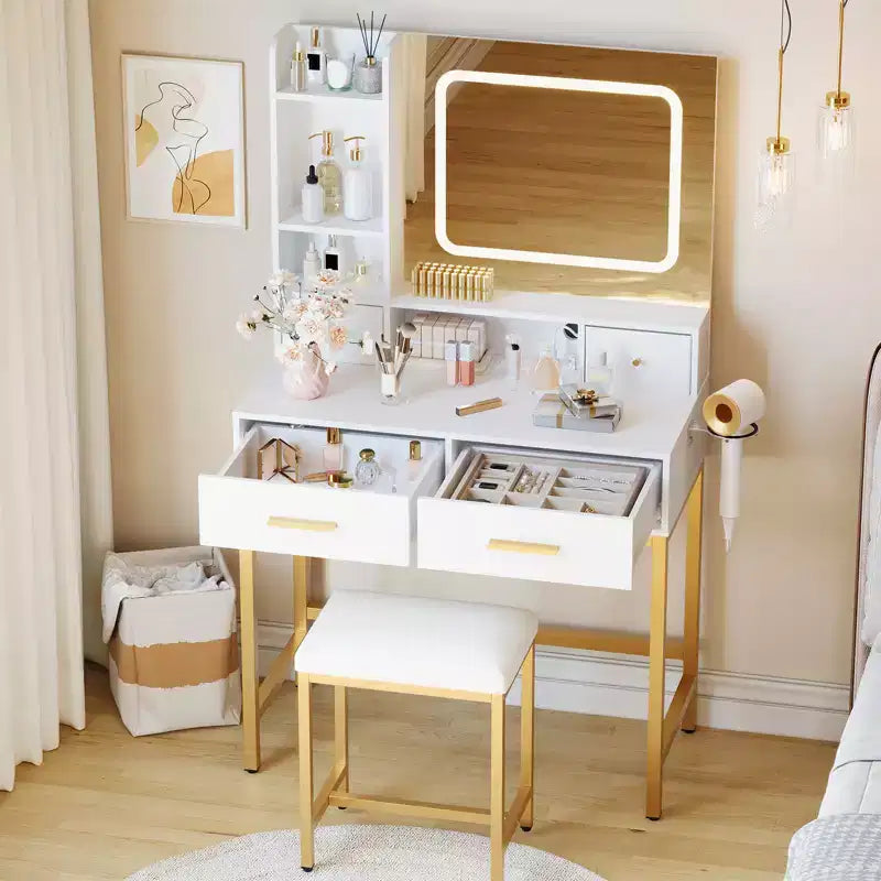 Toeletta Trucco con Specchio e Luci, 4 Cassetti, 2 Ripiani Portaoggetti, Stazione di Ricarica Integrata, Tavolo da Trucco Bianco e Oro con Luce LED