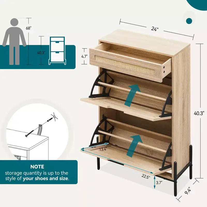 Scarpiera con 2 ante a ribalta e cassetti, Organizzatore per scarpe in rattan naturale con gambe in metallo e ripiano regolabile, Autoportante per ingresso
