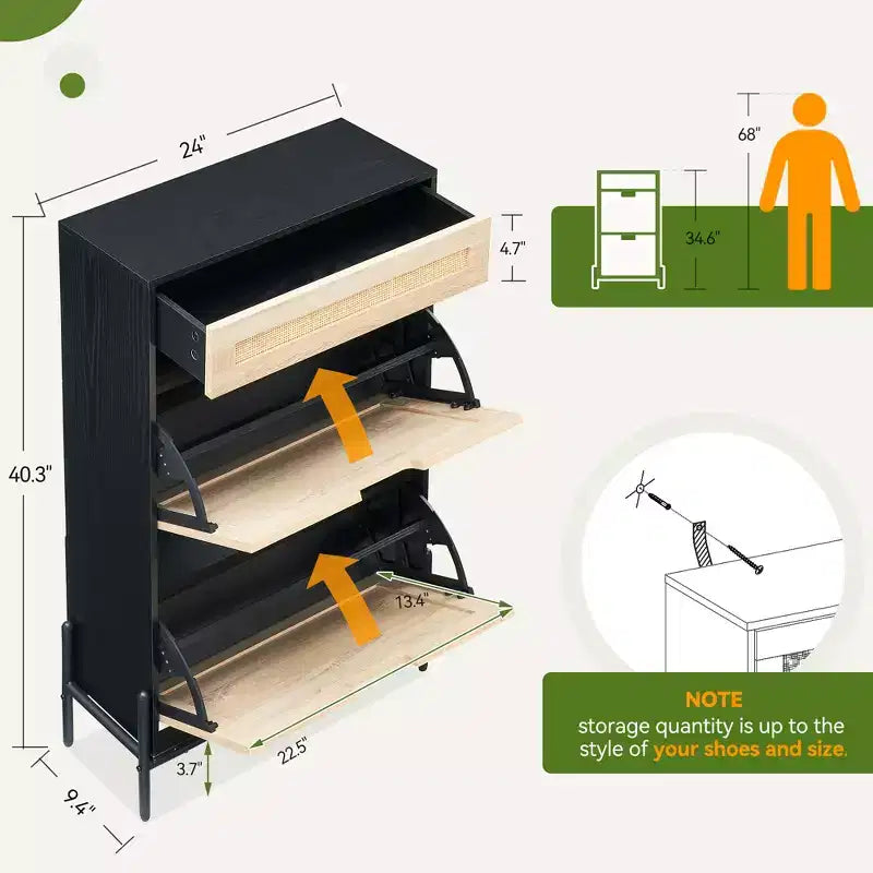 Scarpiera con 2 ante a ribalta e cassetti, Organizzatore per scarpe in rattan naturale con gambe in metallo e ripiano regolabile, Autoportante per ingresso