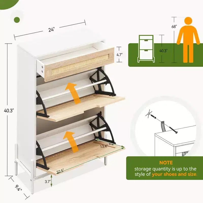 Scarpiera con 2 ante a ribalta e cassetti, Organizzatore per scarpe in rattan naturale con gambe in metallo e ripiano regolabile, Autoportante per ingresso