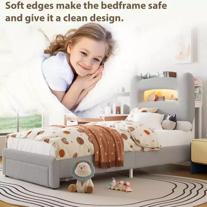 Struttura letto matrimoniale imbottita con testiera portaoggetti a 2 livelli, letto a piattaforma a LED con stazione di ricarica e cassetto per bambini/ragazze/ragazzi, non è richiesta la rete a molle