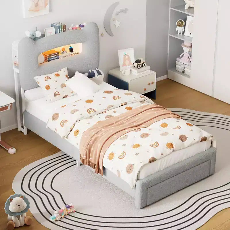 Struttura letto matrimoniale imbottita con testiera portaoggetti a 2 livelli, letto a piattaforma a LED con stazione di ricarica e cassetto per bambini/ragazze/ragazzi, non è richiesta la rete a molle