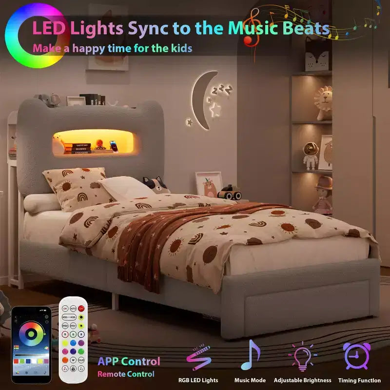 Struttura letto matrimoniale imbottita con testiera portaoggetti a 2 livelli, letto a piattaforma a LED con stazione di ricarica e cassetto per bambini/ragazze/ragazzi, non è richiesta la rete a molle