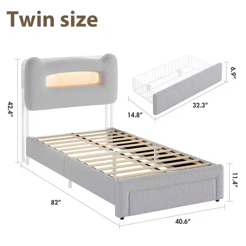 Struttura letto matrimoniale imbottita con testiera portaoggetti a 2 livelli, letto a piattaforma a LED con stazione di ricarica e cassetto per bambini/ragazze/ragazzi, non è richiesta la rete a molle