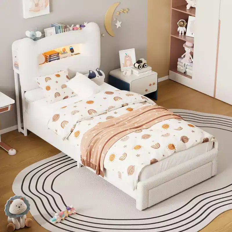 Struttura letto matrimoniale imbottita con testiera portaoggetti a 2 livelli, letto a piattaforma a LED con stazione di ricarica e cassetto per bambini/ragazze/ragazzi, non è richiesta la rete a molle