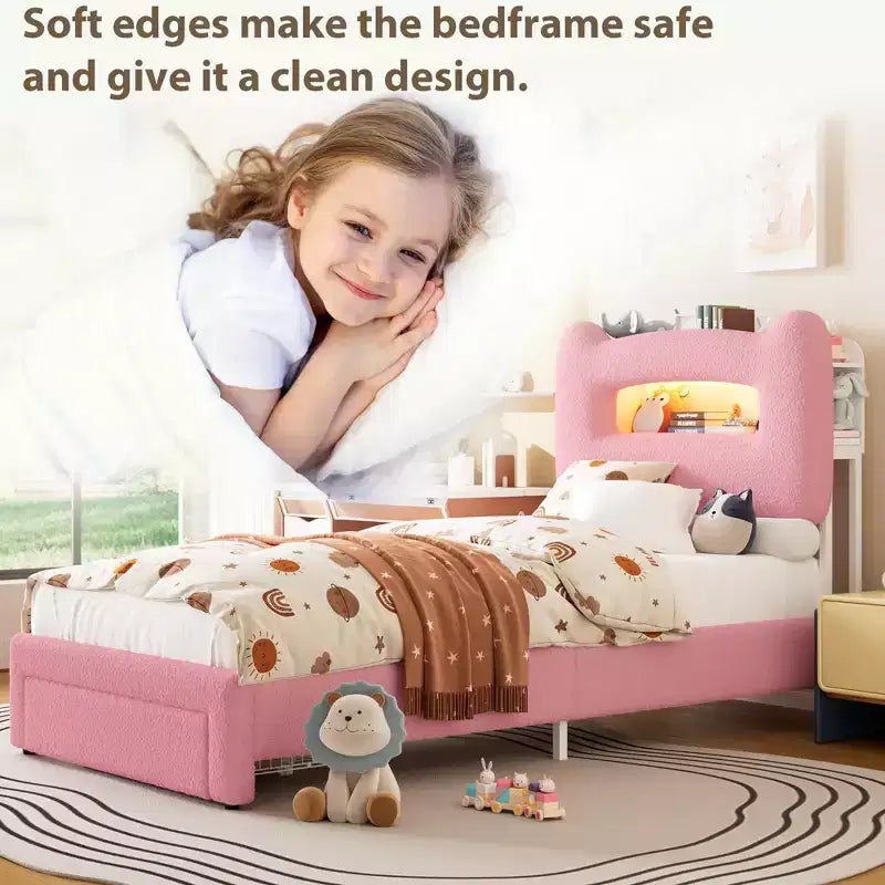 Struttura letto matrimoniale imbottita con testiera portaoggetti a 2 livelli, letto a piattaforma a LED con stazione di ricarica e cassetto per bambini/ragazze/ragazzi, non è richiesta la rete a molle