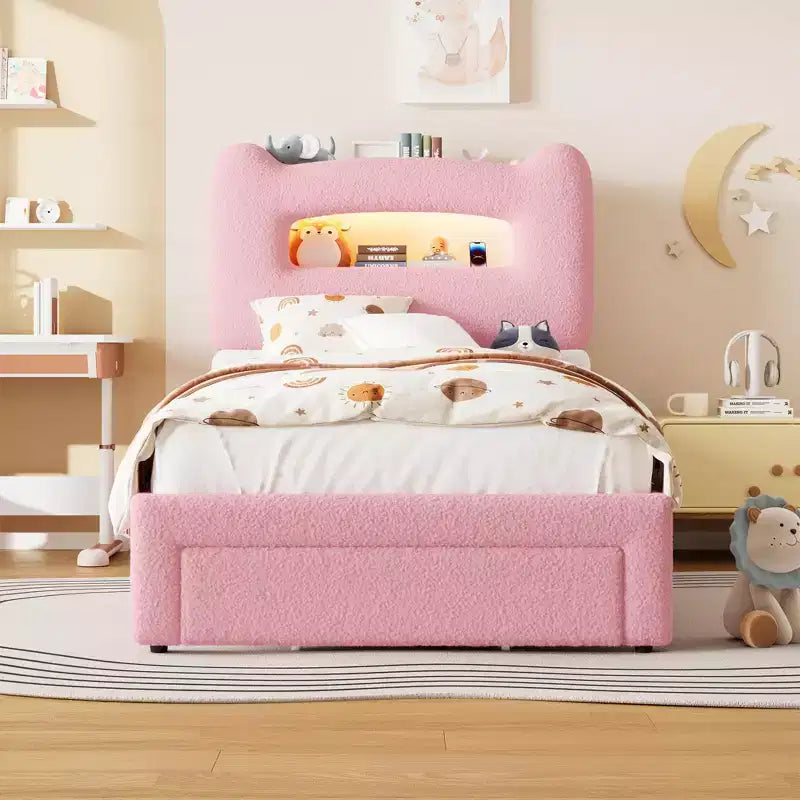Struttura letto matrimoniale imbottita con testiera portaoggetti a 2 livelli, letto a piattaforma a LED con stazione di ricarica e cassetto per bambini/ragazze/ragazzi, non è richiesta la rete a molle