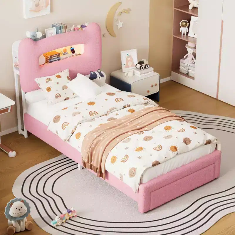 Struttura letto matrimoniale imbottita con testiera portaoggetti a 2 livelli, letto a piattaforma a LED con stazione di ricarica e cassetto per bambini/ragazze/ragazzi, non è richiesta la rete a molle