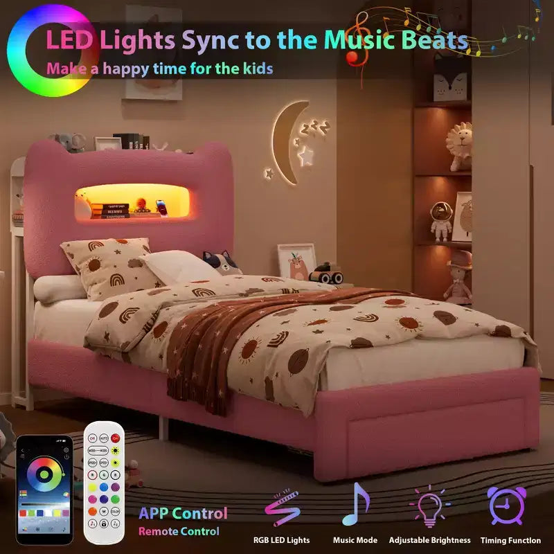 Struttura letto matrimoniale imbottita con testiera portaoggetti a 2 livelli, letto a piattaforma a LED con stazione di ricarica e cassetto per bambini/ragazze/ragazzi, non è richiesta la rete a molle