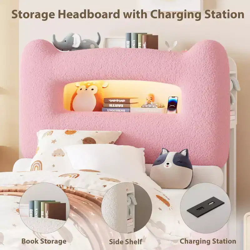 Struttura letto matrimoniale imbottita con testiera portaoggetti a 2 livelli, letto a piattaforma a LED con stazione di ricarica e cassetto per bambini/ragazze/ragazzi, non è richiesta la rete a molle