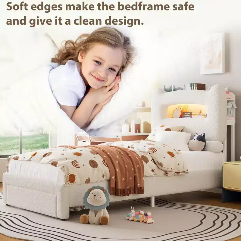 Struttura letto matrimoniale imbottita con testiera portaoggetti a 2 livelli, letto a piattaforma a LED con stazione di ricarica e cassetto per bambini/ragazze/ragazzi, non è richiesta la rete a molle
