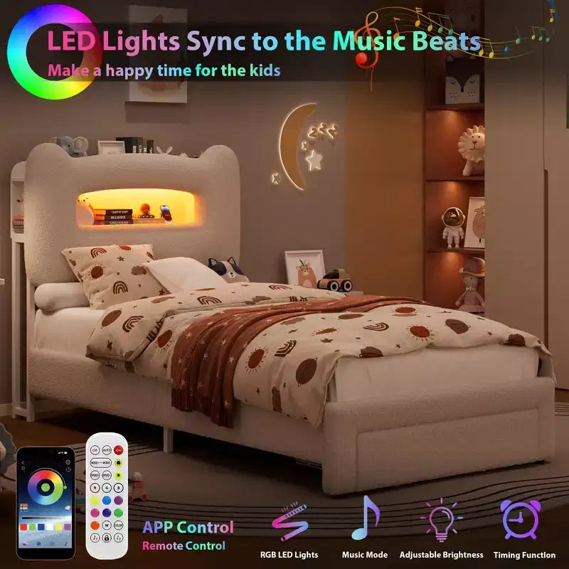 Struttura letto matrimoniale imbottita con testiera portaoggetti a 2 livelli, letto a piattaforma a LED con stazione di ricarica e cassetto per bambini/ragazze/ragazzi, non è richiesta la rete a molle