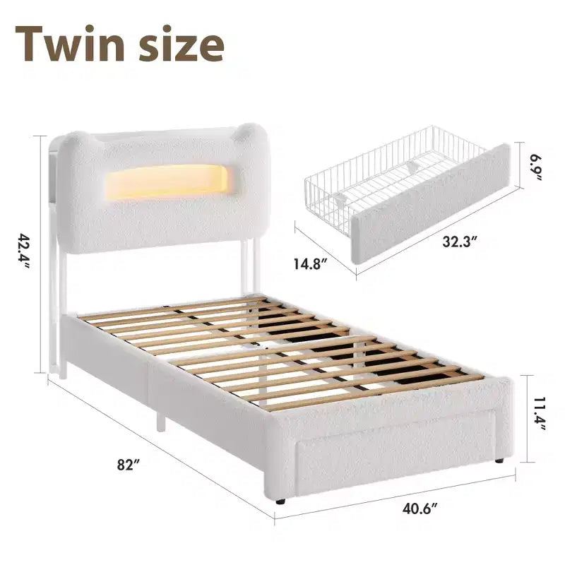 Struttura letto matrimoniale imbottita con testiera portaoggetti a 2 livelli, letto a piattaforma a LED con stazione di ricarica e cassetto per bambini/ragazze/ragazzi, non è richiesta la rete a molle