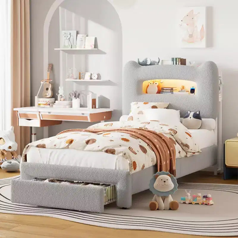 Struttura letto matrimoniale imbottita con testiera portaoggetti a 2 livelli, letto a piattaforma a LED con stazione di ricarica e cassetto per bambini/ragazze/ragazzi, non è richiesta la rete a molle