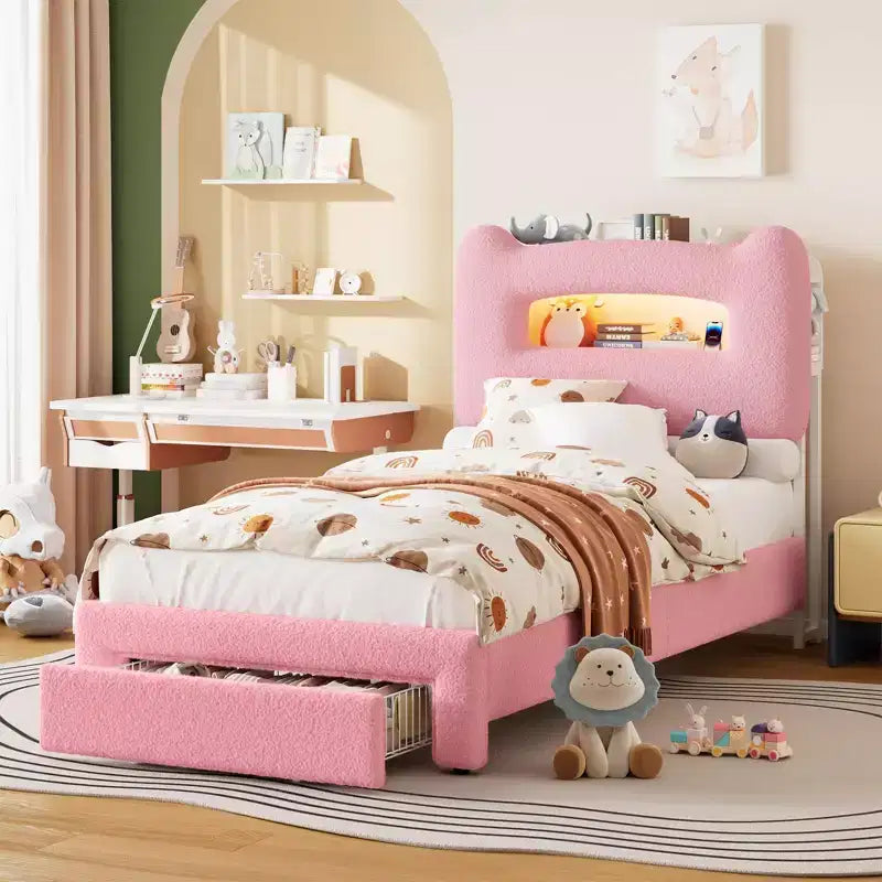 Struttura letto matrimoniale imbottita con testiera portaoggetti a 2 livelli, letto a piattaforma a LED con stazione di ricarica e cassetto per bambini/ragazze/ragazzi, non è richiesta la rete a molle