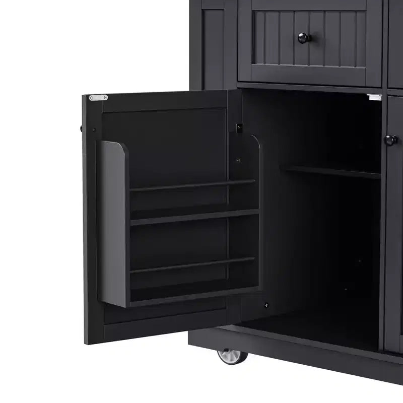 Isola da Cucina 48 con Anta a Ribalta, Presa di Corrente, Scaffale Interno, 2 Cassetti, Carrello su Ruote con 5 Rotelle e 5 Scaffali Laterali Aperti