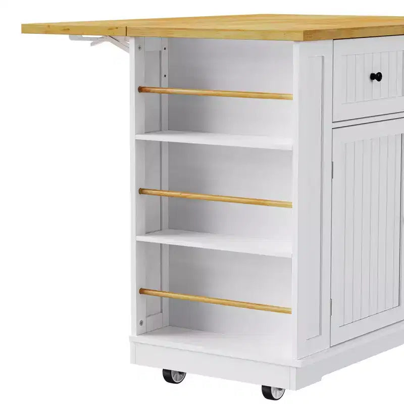 Isola da Cucina 48 con Anta a Ribalta, Presa di Corrente, Scaffale Interno, 2 Cassetti, Carrello su Ruote con 5 Rotelle e 5 Scaffali Laterali Aperti