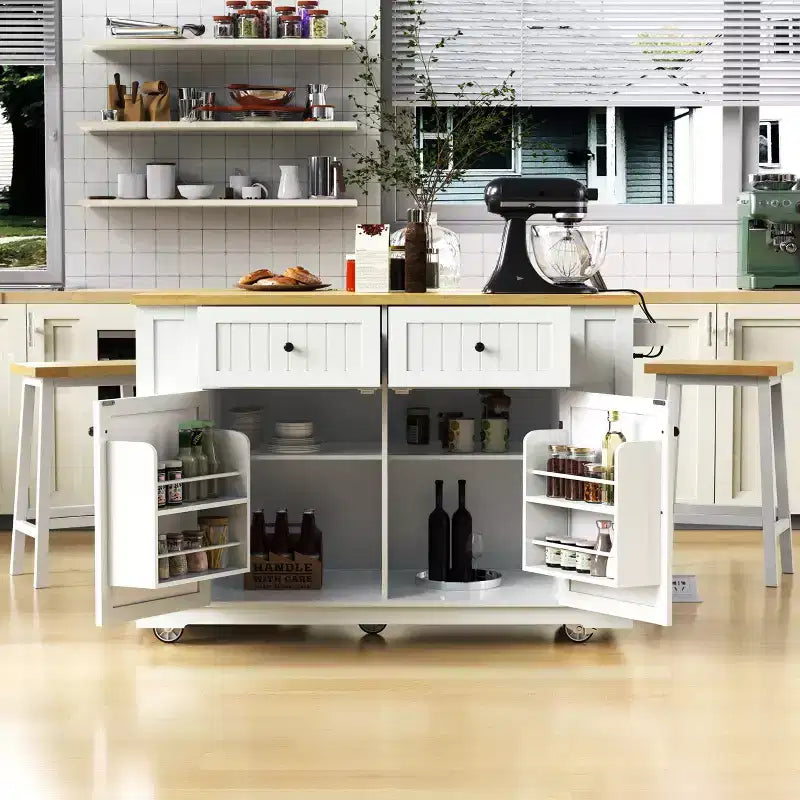 Isola da Cucina 48 con Anta a Ribalta, Presa di Corrente, Scaffale Interno, 2 Cassetti, Carrello su Ruote con 5 Rotelle e 5 Scaffali Laterali Aperti