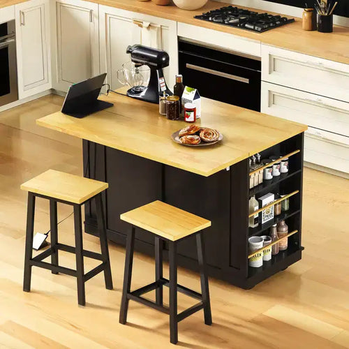 Isola da Cucina 48 con Anta a Ribalta, Presa di Corrente, Scaffale Interno, 2 Cassetti, Carrello su Ruote con 5 Rotelle e 5 Scaffali Laterali Aperti