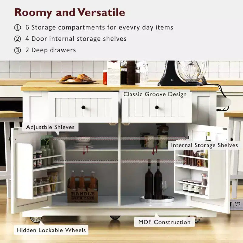 Isola da Cucina 48 con Anta a Ribalta, Presa di Corrente, Scaffale Interno, 2 Cassetti, Carrello su Ruote con 5 Rotelle e 5 Scaffali Laterali Aperti