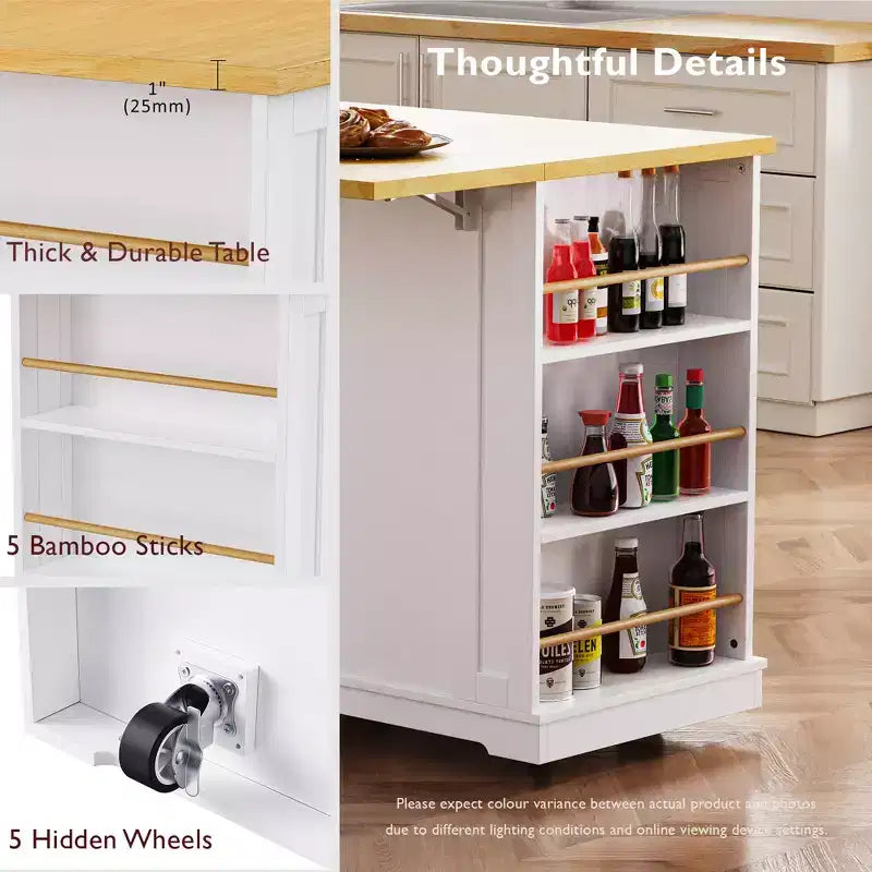 Isola da Cucina 48 con Anta a Ribalta, Presa di Corrente, Scaffale Interno, 2 Cassetti, Carrello su Ruote con 5 Rotelle e 5 Scaffali Laterali Aperti