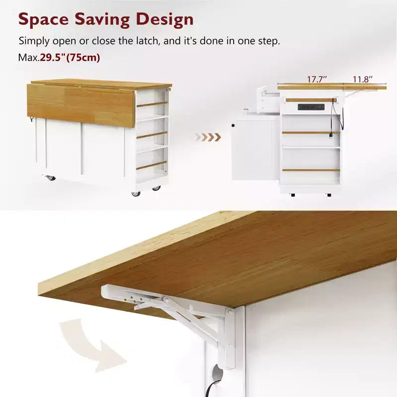 Isola da Cucina 48 con Anta a Ribalta, Presa di Corrente, Scaffale Interno, 2 Cassetti, Carrello su Ruote con 5 Rotelle e 5 Scaffali Laterali Aperti