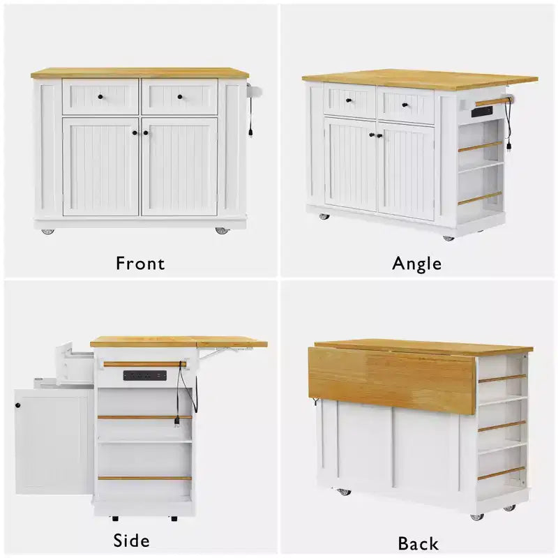 Isola da Cucina 48 con Anta a Ribalta, Presa di Corrente, Scaffale Interno, 2 Cassetti, Carrello su Ruote con 5 Rotelle e 5 Scaffali Laterali Aperti