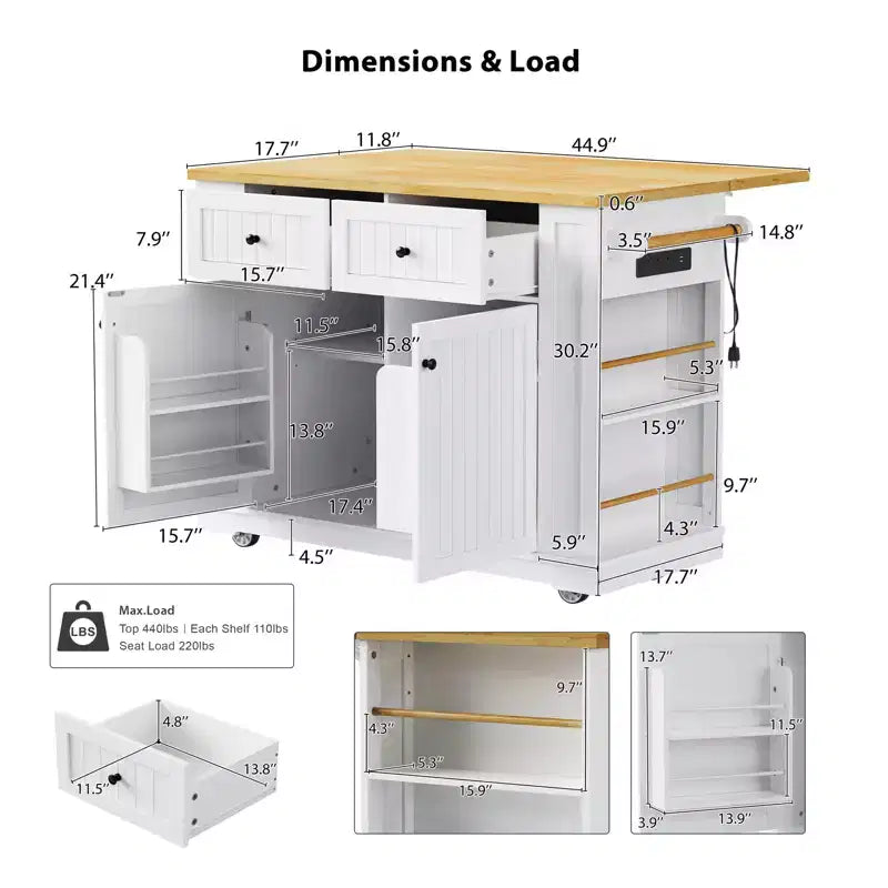 Isola da Cucina 48 con Anta a Ribalta, Presa di Corrente, Scaffale Interno, 2 Cassetti, Carrello su Ruote con 5 Rotelle e 5 Scaffali Laterali Aperti