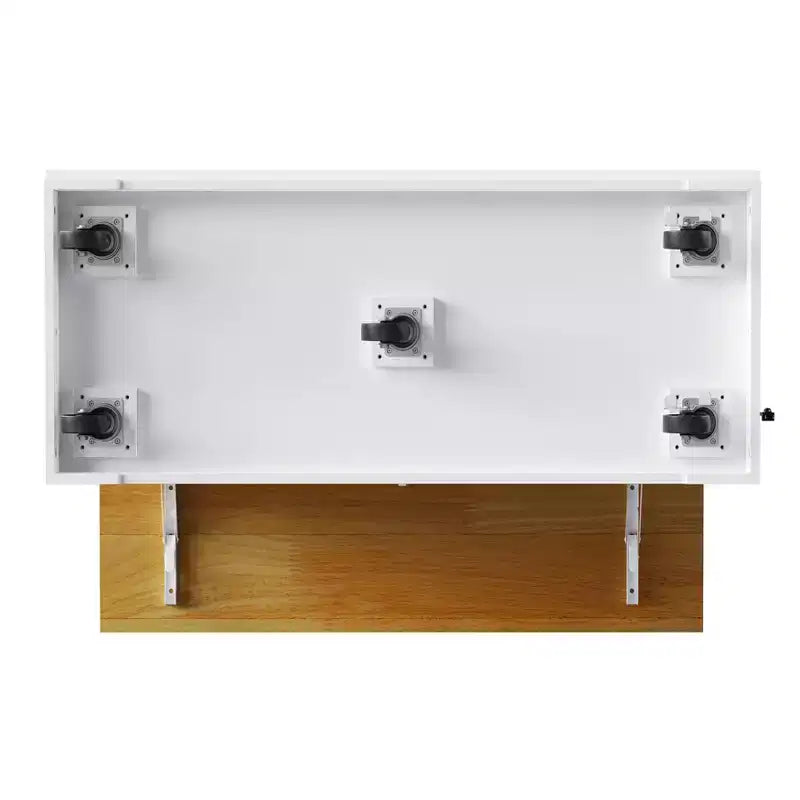 Isola da Cucina 48 con Anta a Ribalta, Presa di Corrente, Scaffale Interno, 2 Cassetti, Carrello su Ruote con 5 Rotelle e 5 Scaffali Laterali Aperti