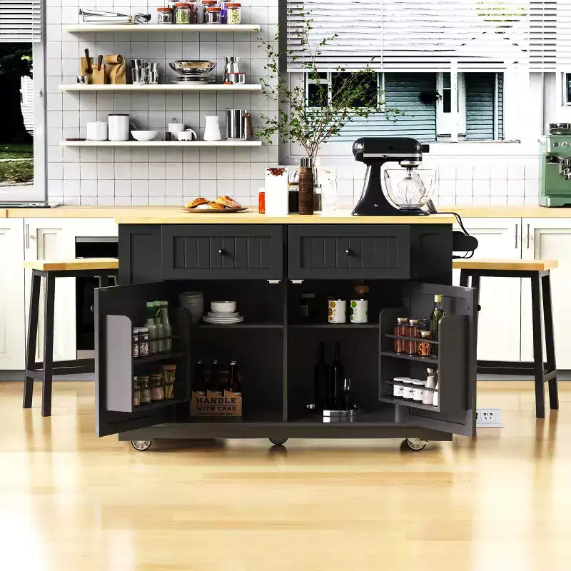Isola da Cucina 48 con Anta a Ribalta, Presa di Corrente, Scaffale Interno, 2 Cassetti, Carrello su Ruote con 5 Rotelle e 5 Scaffali Laterali Aperti