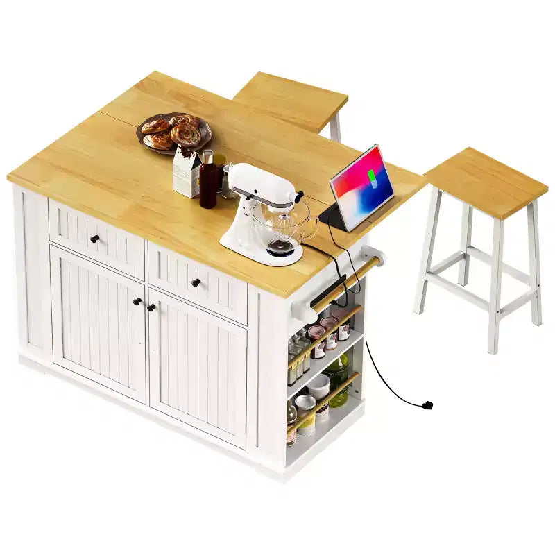 Isola da Cucina 48 con Anta a Ribalta, Presa di Corrente, Scaffale Interno, 2 Cassetti, Carrello su Ruote con 5 Rotelle e 5 Scaffali Laterali Aperti