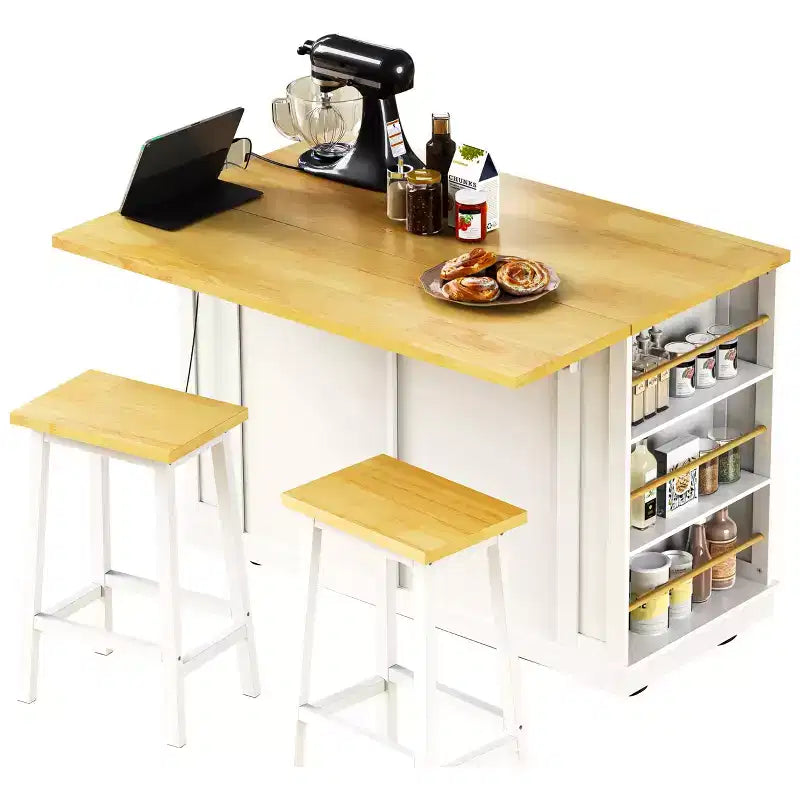Isola da Cucina 48 con Anta a Ribalta, Presa di Corrente, Scaffale Interno, 2 Cassetti, Carrello su Ruote con 5 Rotelle e 5 Scaffali Laterali Aperti