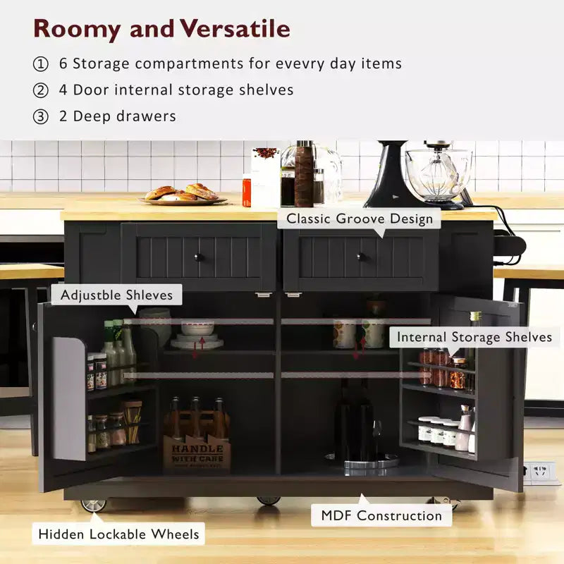 Isola da Cucina 48 con Anta a Ribalta, Presa di Corrente, Scaffale Interno, 2 Cassetti, Carrello su Ruote con 5 Rotelle e 5 Scaffali Laterali Aperti