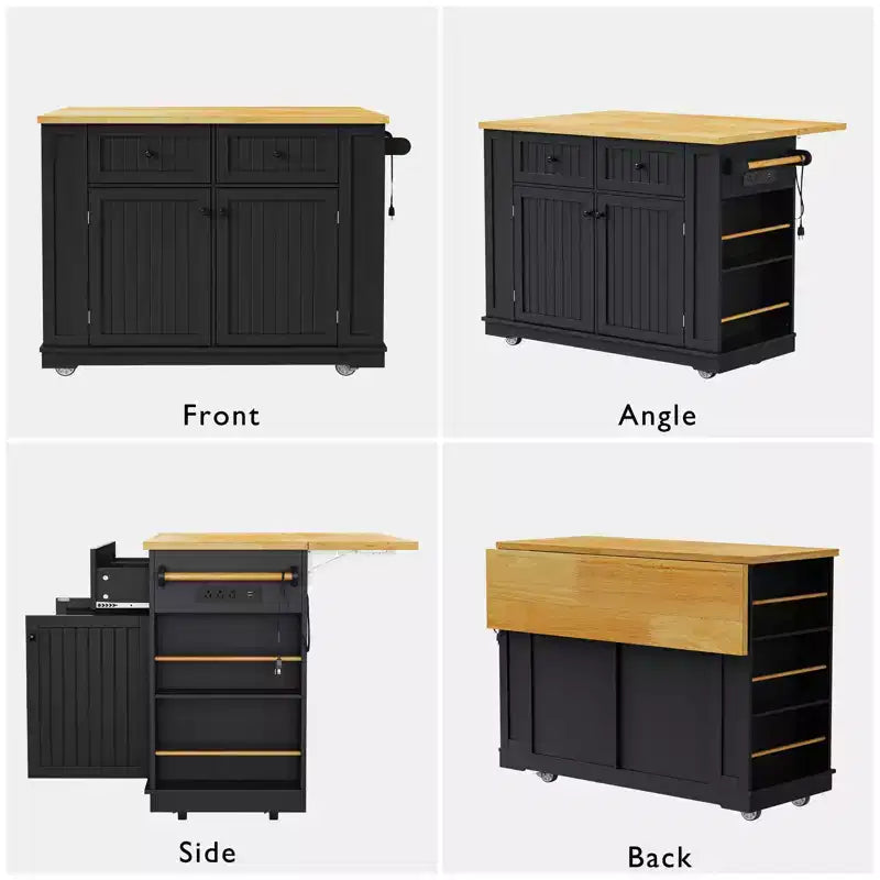 Isola da Cucina 48 con Anta a Ribalta, Presa di Corrente, Scaffale Interno, 2 Cassetti, Carrello su Ruote con 5 Rotelle e 5 Scaffali Laterali Aperti