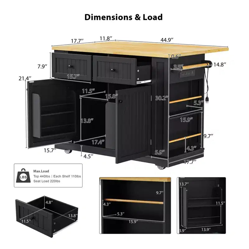 Isola da Cucina 48 con Anta a Ribalta, Presa di Corrente, Scaffale Interno, 2 Cassetti, Carrello su Ruote con 5 Rotelle e 5 Scaffali Laterali Aperti