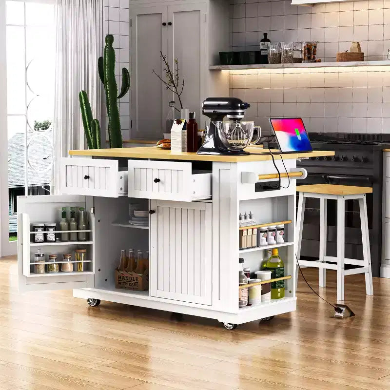 Isola da Cucina 48 con Anta a Ribalta, Presa di Corrente, Scaffale Interno, 2 Cassetti, Carrello su Ruote con 5 Rotelle e 5 Scaffali Laterali Aperti